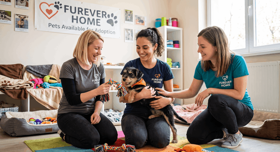 Furever Home adoption meeting with a family and volunteer
