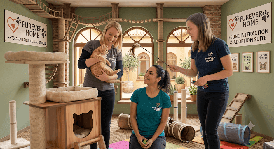 Furever Home volunteers playing with a cat in an adoption room