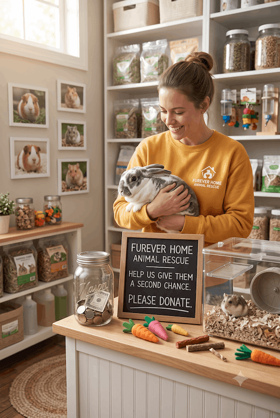 Furever Home volunteer sitting with an adoptable dog and cat beside a donation sign