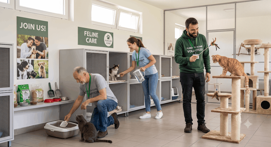 Furever Home volunteers caring for cats in a shelter room